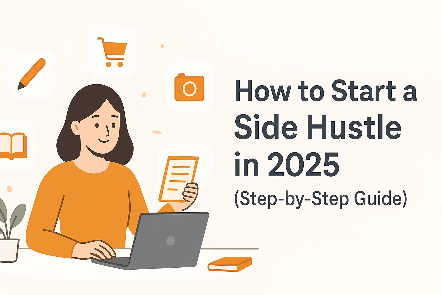 Illustration of a young professional working at a desk with laptop and notepad, surrounded by icons for freelancing, e-commerce, content creation, and teaching, showing how to start a side hustle in 2025.